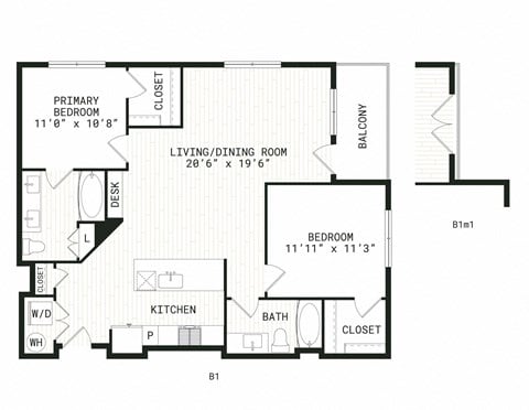 Floor plan for 2 beds, 2 baths, 1068 sqft
